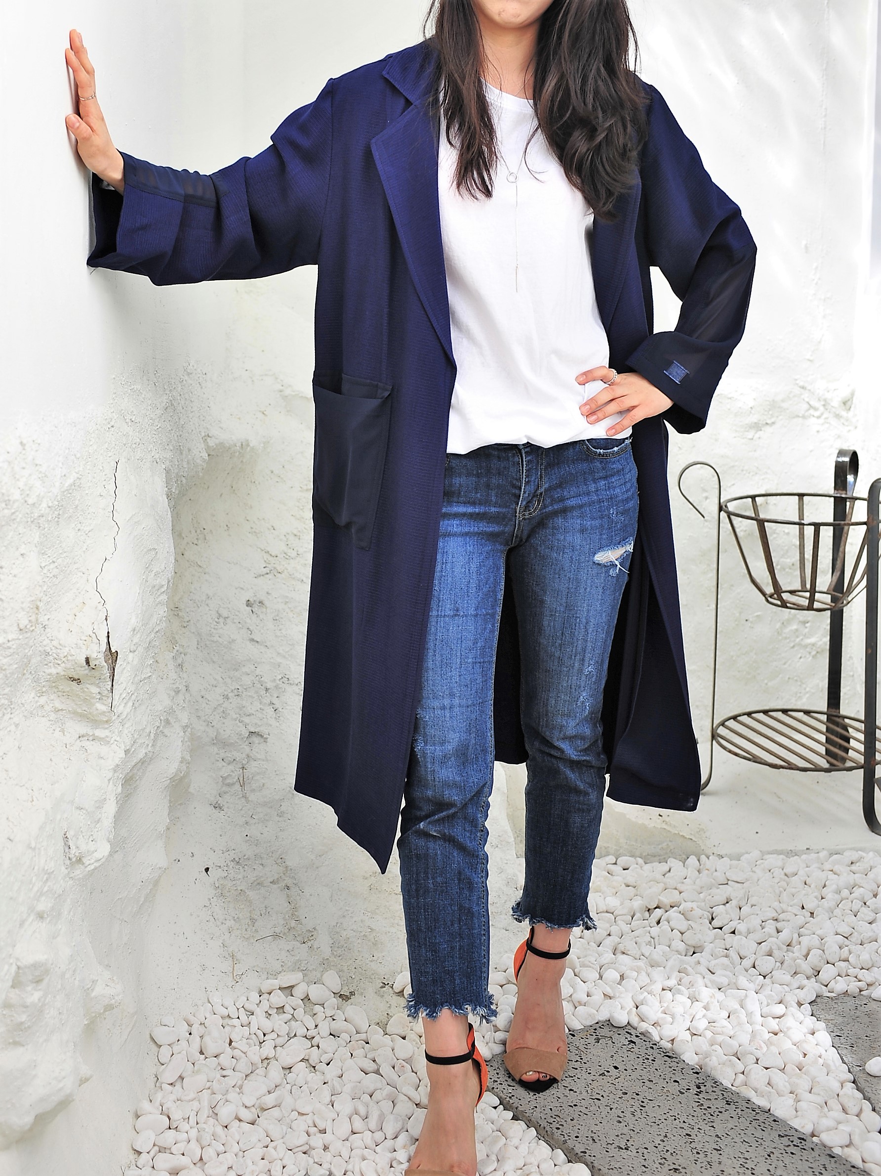 Robe style coloring trench coat (Navy)