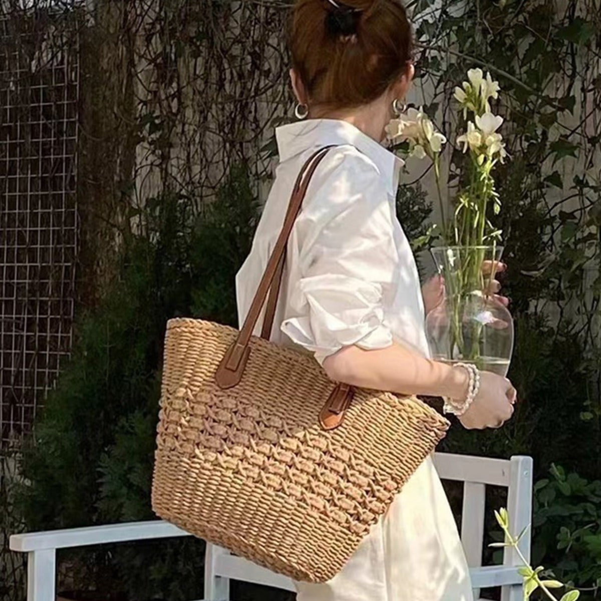 Real Rattan Basket Shopper Shoulder Bag