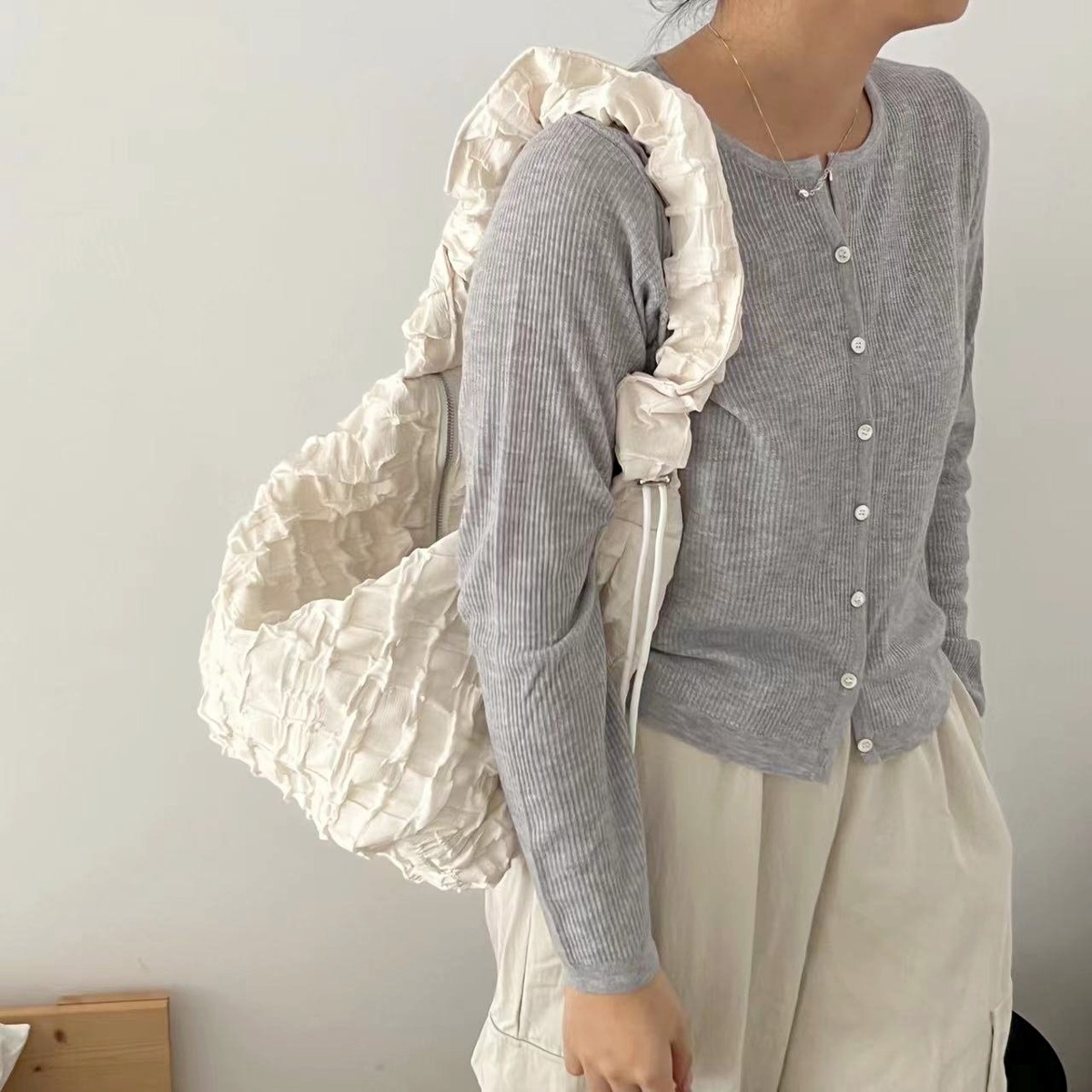 B Wrinkle Fabric Strap Shoulder Bag