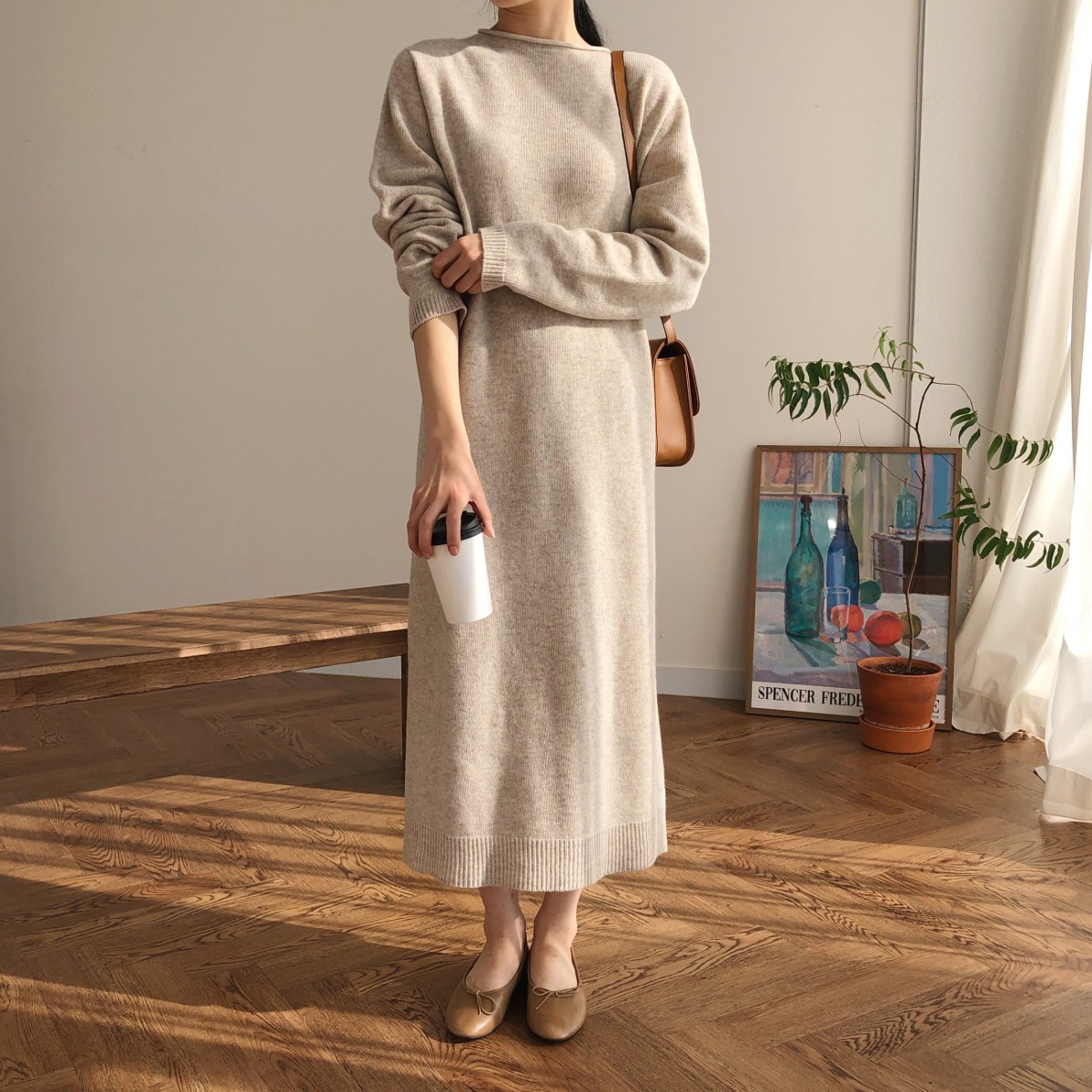 Whole garment cashmere wool Gina round knit long dress