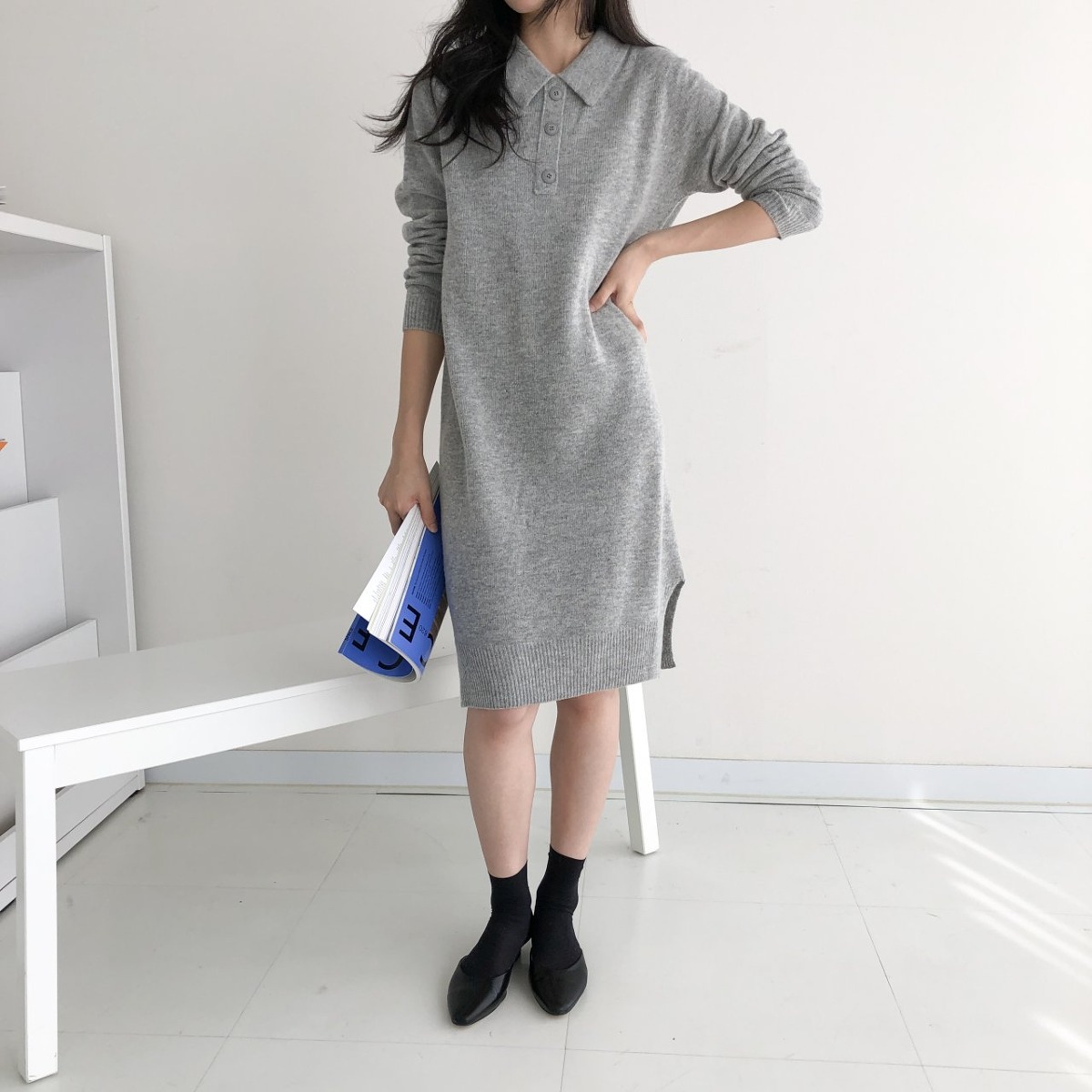 Whole garment camouflage wool collar knit dress (cashmere wool 65% wool)