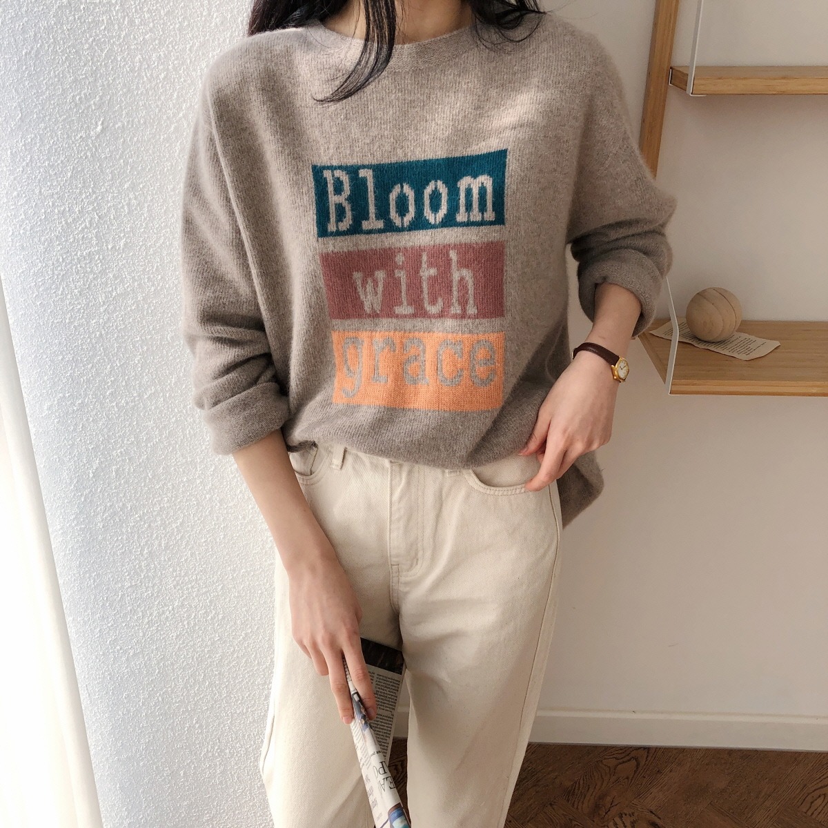 Whole garment Fox bloom round neck knitwear shirt (FOX WOOL 60%)