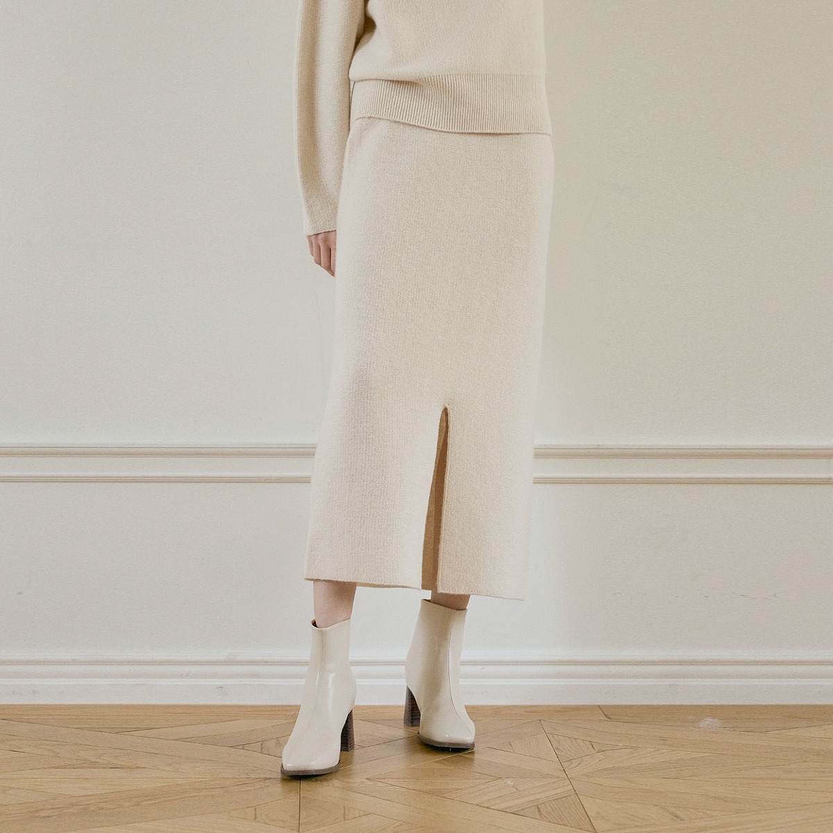 Whole garment Cashmere fine wool fancy front open knit skirt