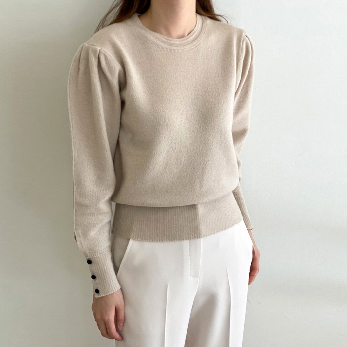 High-quality Whole garment Shirring Puff Round Neck Knitwear (Super Fine Mary Knowl 100%)