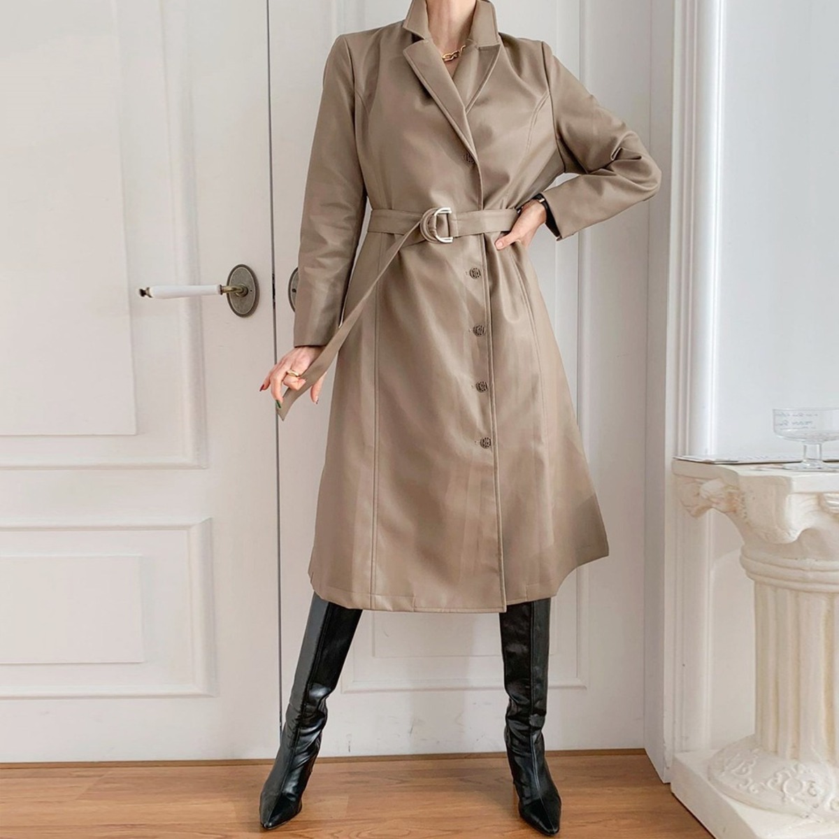 Leather Belt Long Trench 23-218