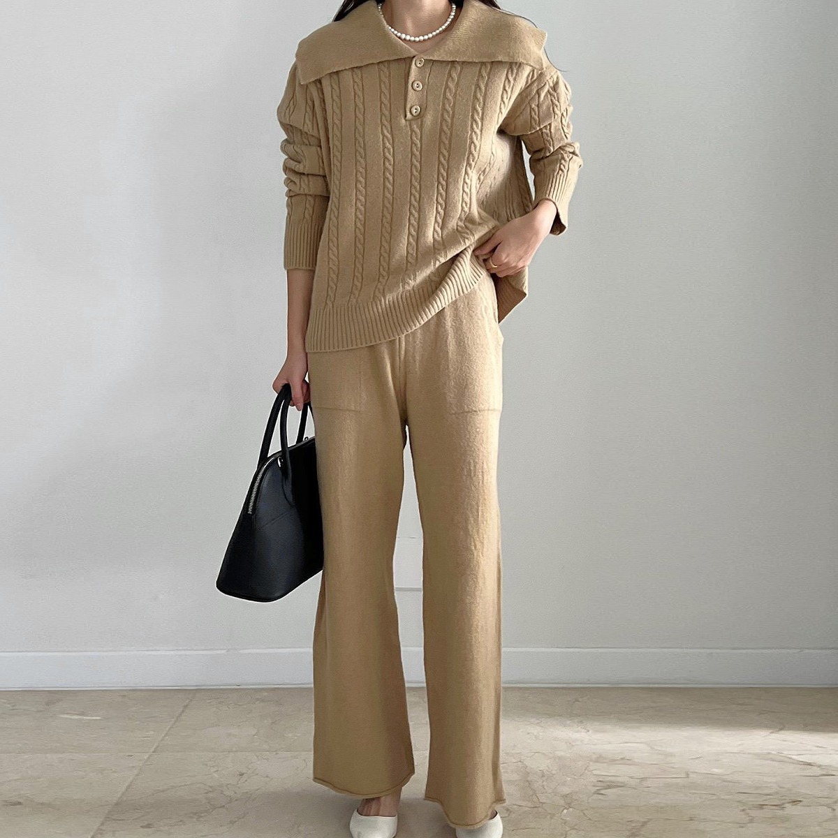 Cable Twisted Big Collar Knitwear Wide Pants Two-piece Set