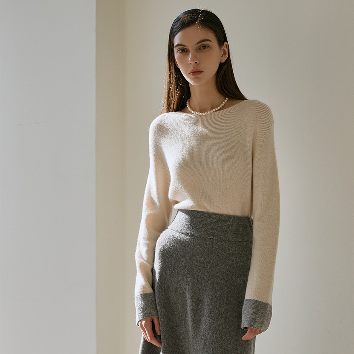 cashmere fine wool sleeve coloring boat neck knitwear
